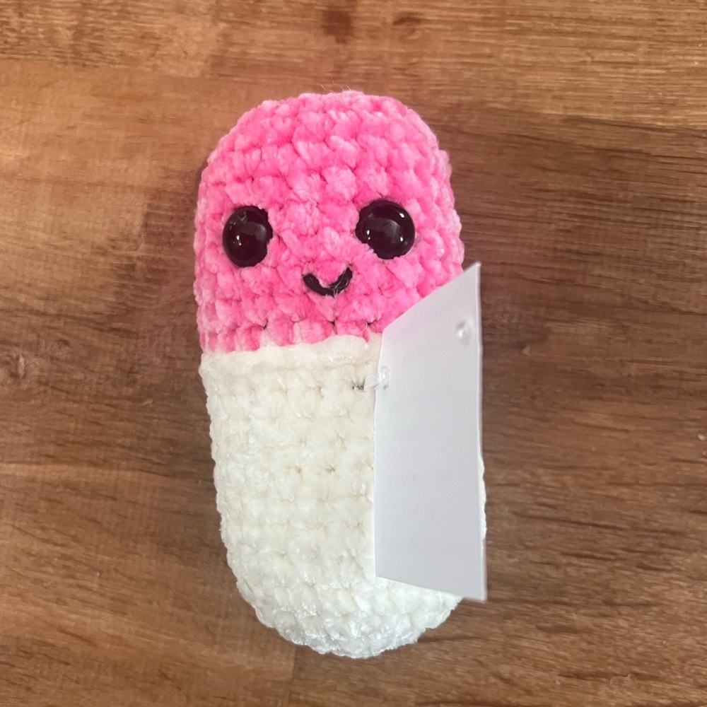 Hand Crafted Crochet Chill Pill Pink White Plush Super Soft Emotional Support - Picture 2 of 7